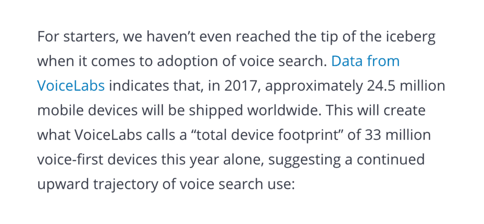 Voice search writing linked to content featuring stats and data